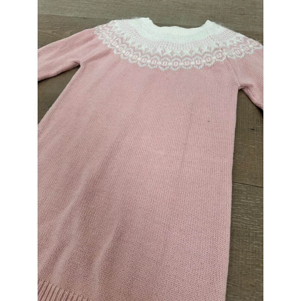 Gap Kids Pink Knit Sweater Dress With White Fair Isle Yoke Design Long Sleeves &
